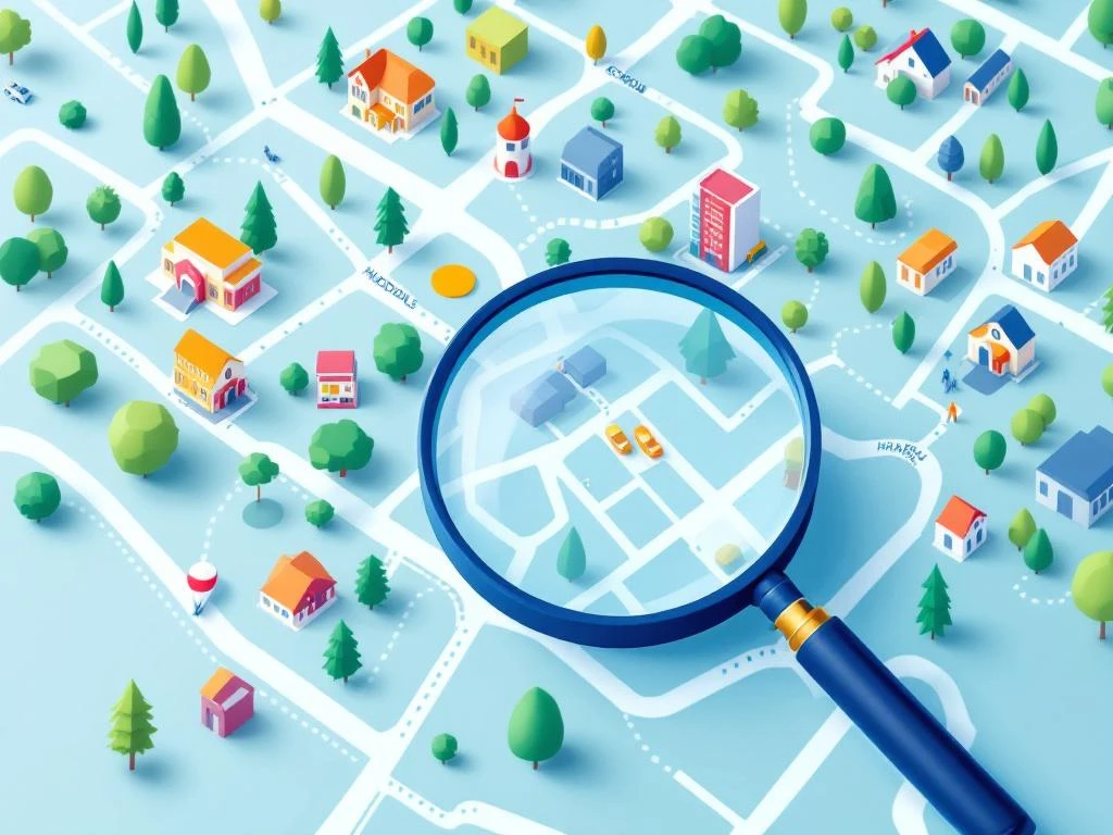 Kartta asuinalueesta palveluineen: koulut, sairaalat, kaupat, puistot ja liikenneyhteydet suurennuslasin alla