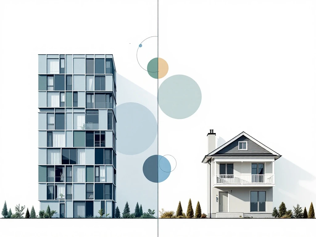 Moderni kerrostalo ja perinteinen omakotitalo jaettuna näkymänä, geometrisia muotoja välissä kiinteistövertailua varten